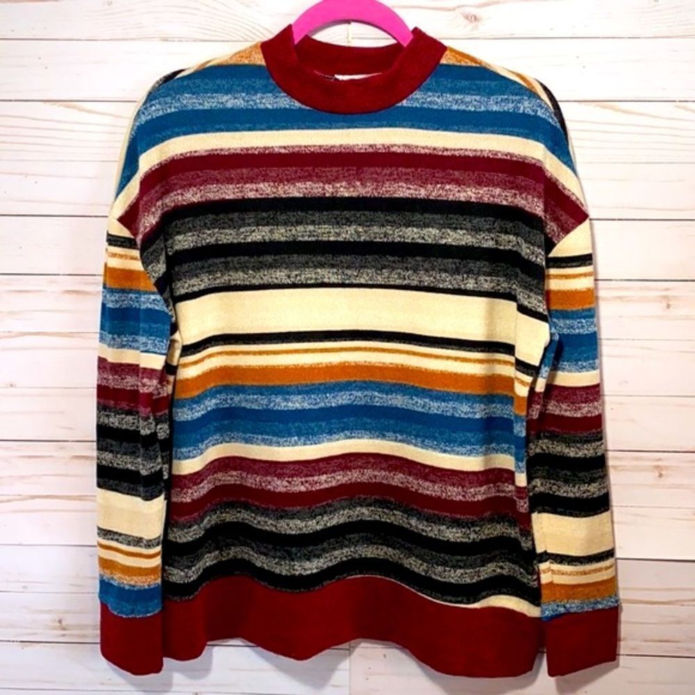 Reborn J Maroon Striped Pullover Long Sleeve Sweater